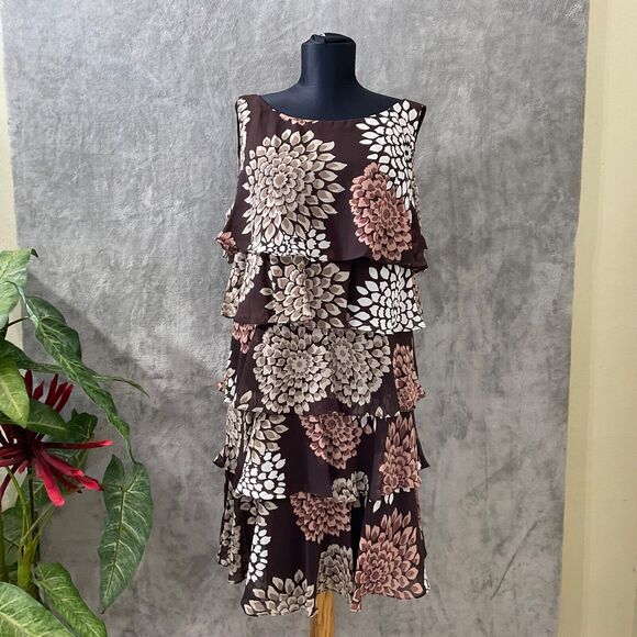 SL Fashions Layered Mini fairy Core Dress women’s Size 16 floral browns & lined - Picture 1 of 12
